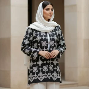 مدل تنخور کت زنانه مشکی با طرح گل چهارپر سفید قلاب‌بافی دستی - کت تابستانه لینن فری سایز