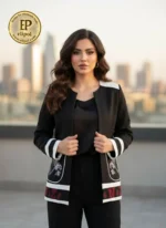 کت مازراتی مشکی با پارچه کج راه و گلدوزی روی پایین کار و جیب‌ها