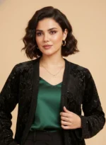 مدل کت مخمل مشکی نواردوزی شده با طراحی ساده