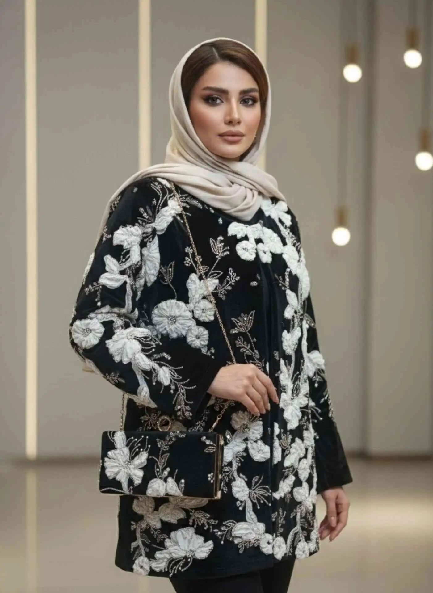 black-velvet-jacket-set-white-embroidery-model ست کت و کیف مخمل مشکی با گلهای سفید و طلایی - نمای کامل روی مدل