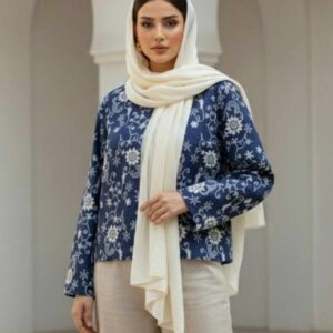 تنخور کت کراپ آبی قلاب بافی طرح گل گلاسیک