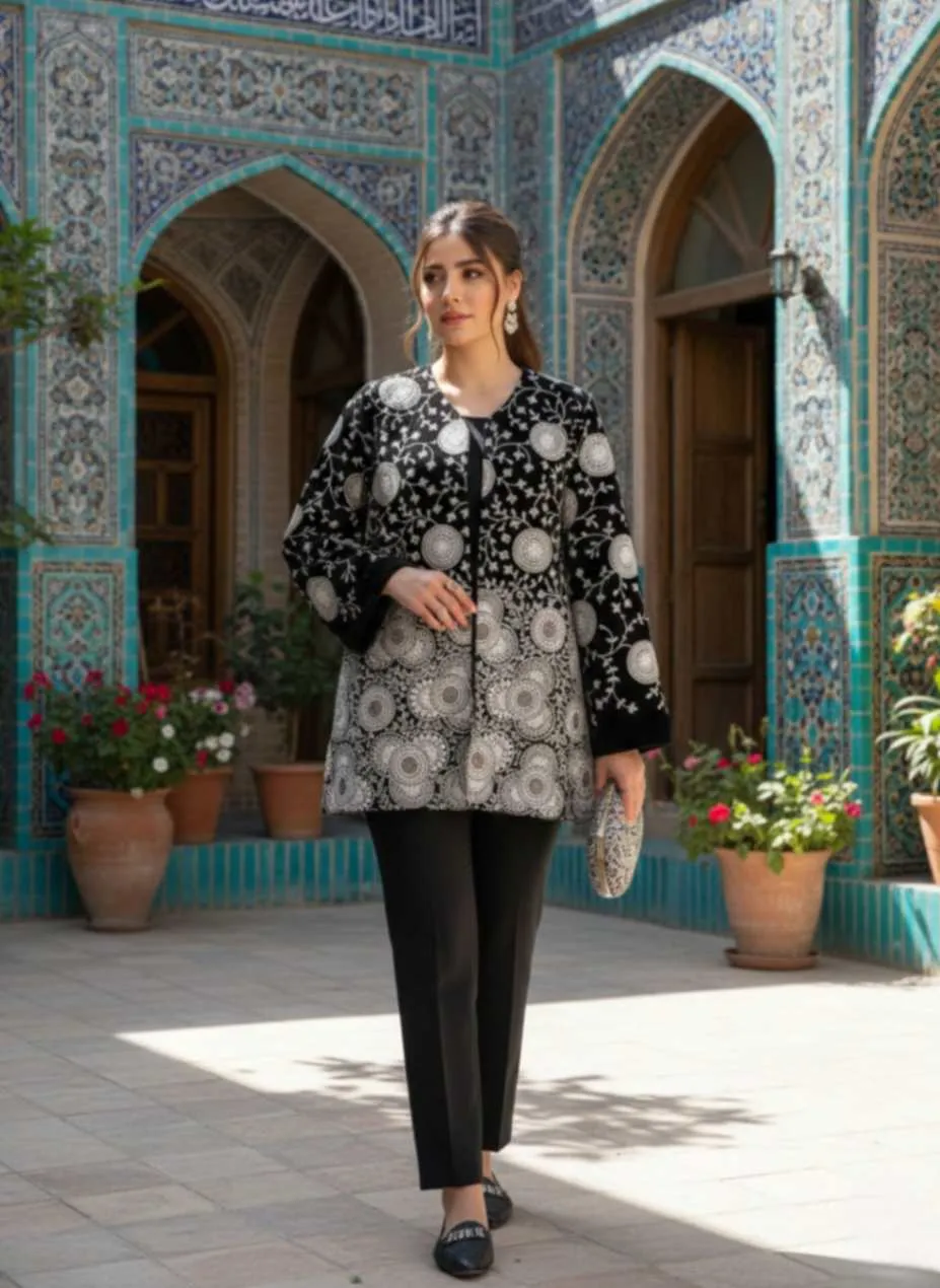 استایل با کت مشکی و جواهردوزی سفید براق