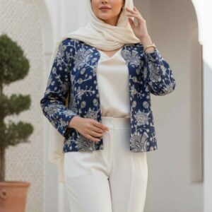 تنخور کت کراپ آبی قلاب بافی طرح گل