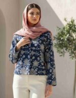 تنخور کت کراپ آبی قلاب بافی طرح گل