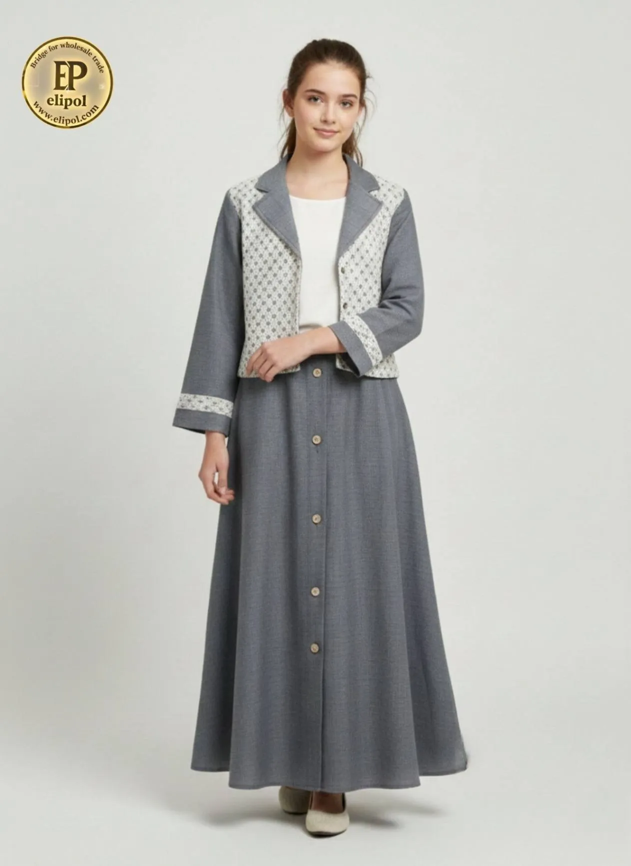 کت دامن دخترانه طوسی با کت و دامن جدا مناسب مهمانی‌های نوجوانان