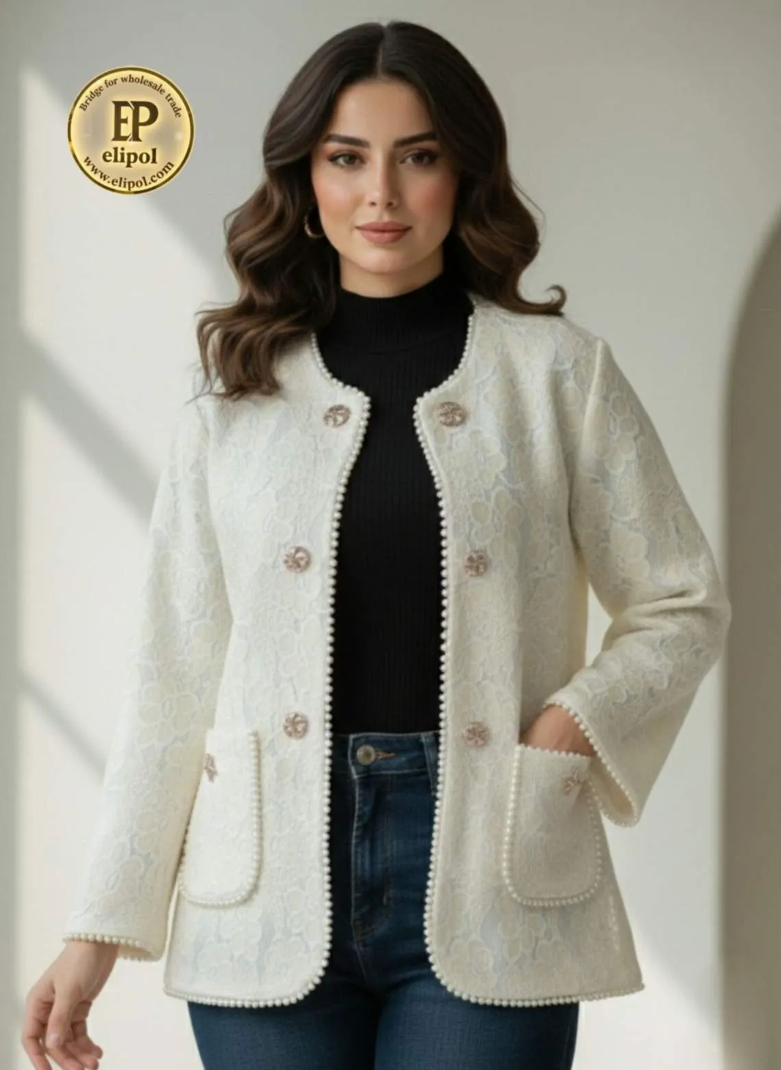 lace-jacket-pearl-embroidery-gold-buttons-cream-model استایل کت رویایی با تزیینات مروارید و گلهای برجسته