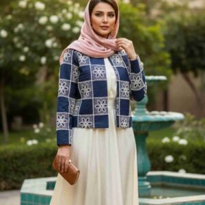 تنخور کت کراپ آبی قلاب بافی طرح موتیف