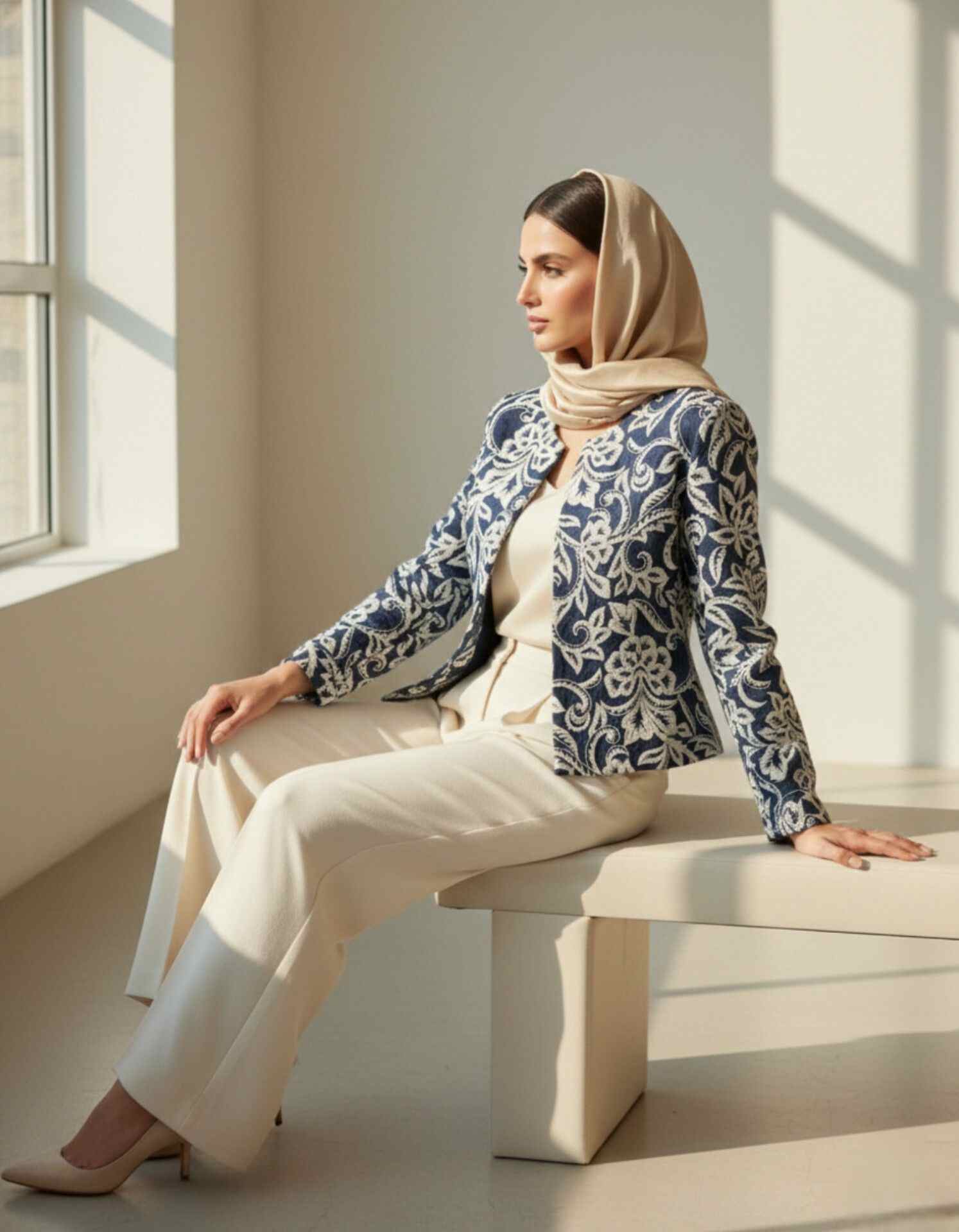 persian-bloom cropped-jacket تنخور کت کراپ آبی قلاب بافی طرح گل گلاسیک