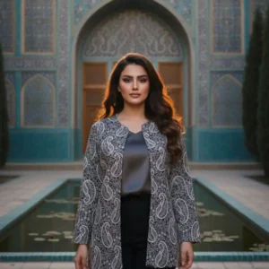 مدل مانتو کتی جین زنانه با سوزن‌دوزی طرح ترمه