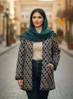 مانتو مخمل مشکی با سوزن‌دوزی طرح لوزی ظریف