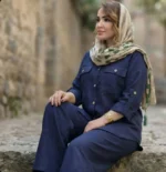 تنخور ست مانتو شلوار صوفیا، خنک تابستانه، زنانه، سرمه ای، فری سایز