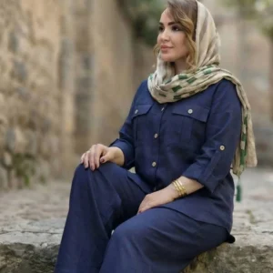 تنخور ست مانتو شلوار صوفیا، خنک تابستانه، زنانه، سرمه ای، فری سایز