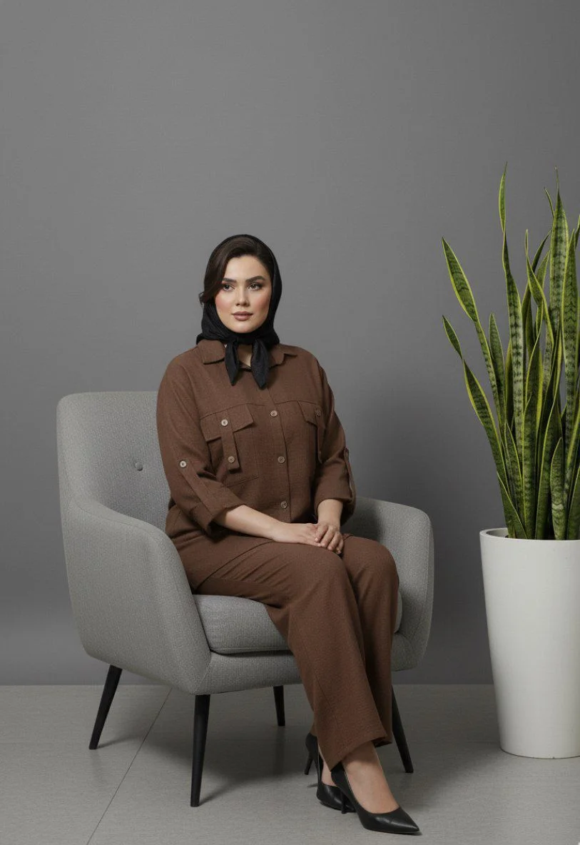 ست مانتو شلوار صوفیا، خنک تابستانه، زنانه، قهوه ای، فری سایز