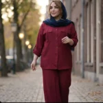 تنخور ست مانتو شلوار صوفیا، خنک تابستانه، زنانه، قرمز، فری سایز