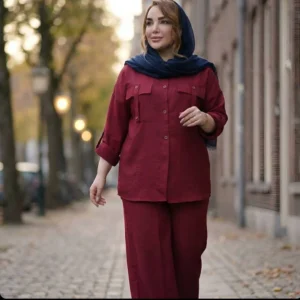 تنخور ست مانتو شلوار صوفیا، خنک تابستانه، زنانه، قرمز، فری سایز