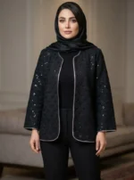 کت دانتل خامه‌دوزی و پولک‌دوزی زنانه مشکی، مناسب استایل مجلسی.