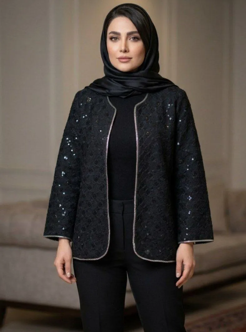 کت دانتل خامهدوزی و پولکدوزی زنانه مشکی، مناسب استایل مجلسی.