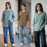 شومیز دخترانه پارچه تیار با طراحی جیب‌دار در رنگ‌های سبز، سبزآبی و قهوه‌ای.