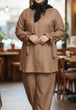 ست مانتو شلوار زنانه صوفیا نسکافه ای سایز بزرگ با قواره آزاد، مناسب سایز ۳۸ تا ۵۰.