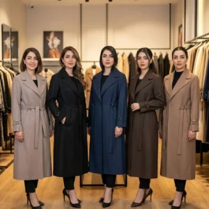 مانتو بلند یقه انگلیسی زنانه با کمربند و پارچه بزیاق ترک، دارای دو سایز.