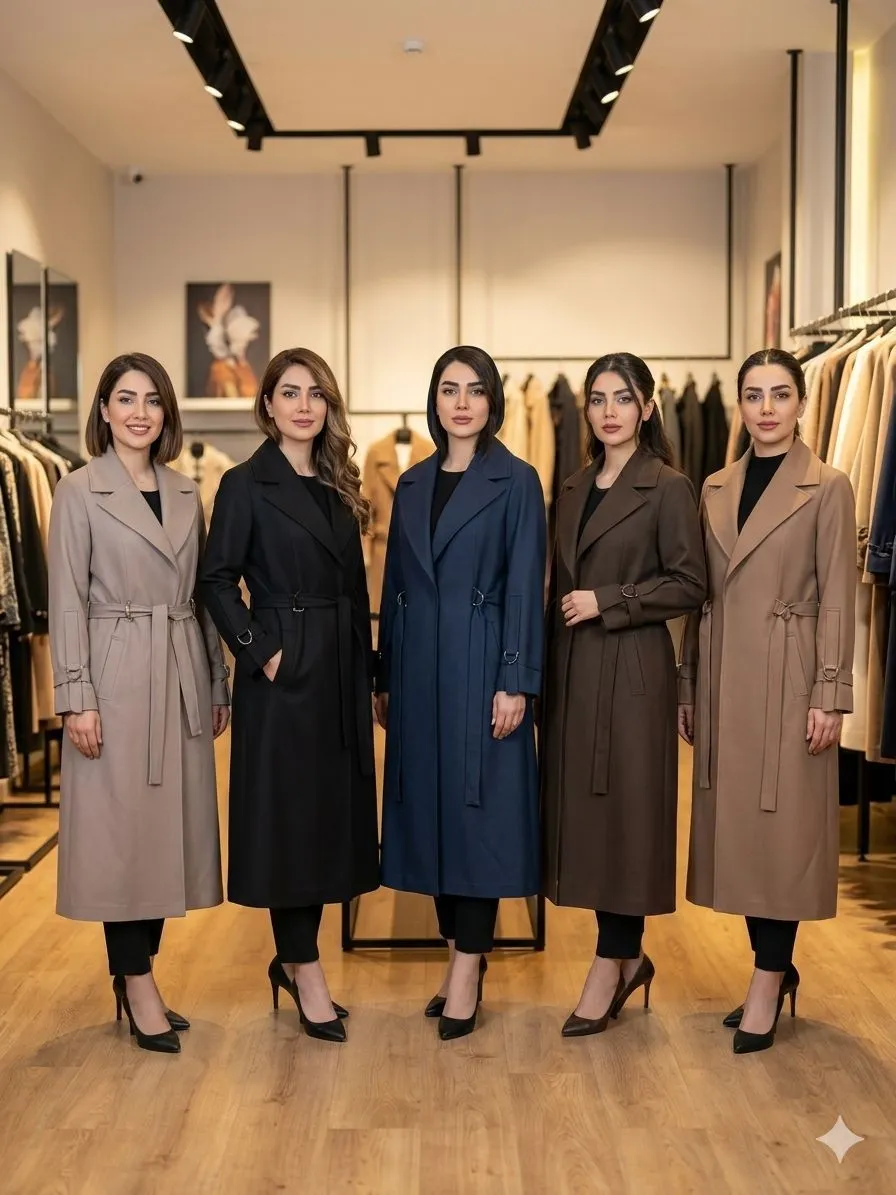 مانتو بلند یقه انگلیسی زنانه با کمربند و پارچه بزیاق ترک، دارای دو سایز.