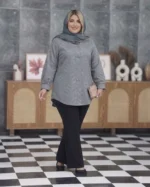 شومیز کسمه طوسی دو ردیف دکمه دخترانه با کلاه و ۶ رنگ آبی، طوسی، مشکی، سفید، سبز و نخودی