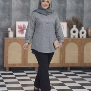 شومیز کسمه طوسی دو ردیف دکمه دخترانه با کلاه و ۶ رنگ آبی، طوسی، مشکی، سفید، سبز و نخودی
